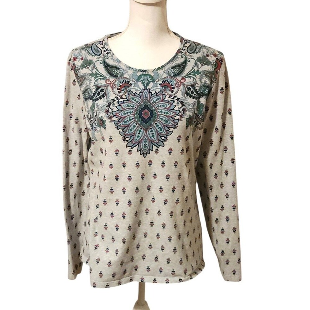 The Talbots Tee Shirt Long Sleeve Gray Paisley Medallion Neckline Womens Size L